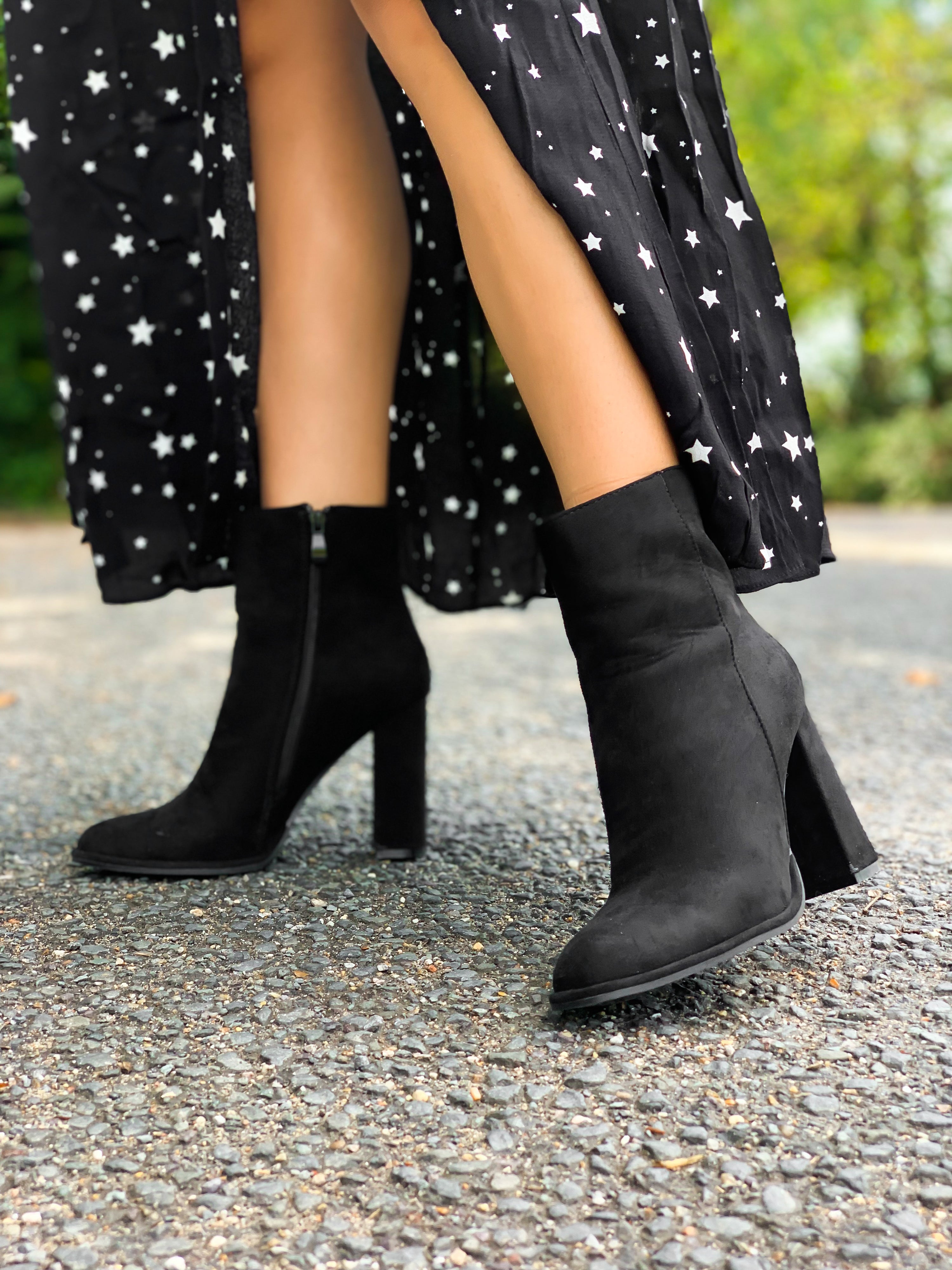 Black Heeled Suede Sock Boots | Sierra Boots – Style Cheat