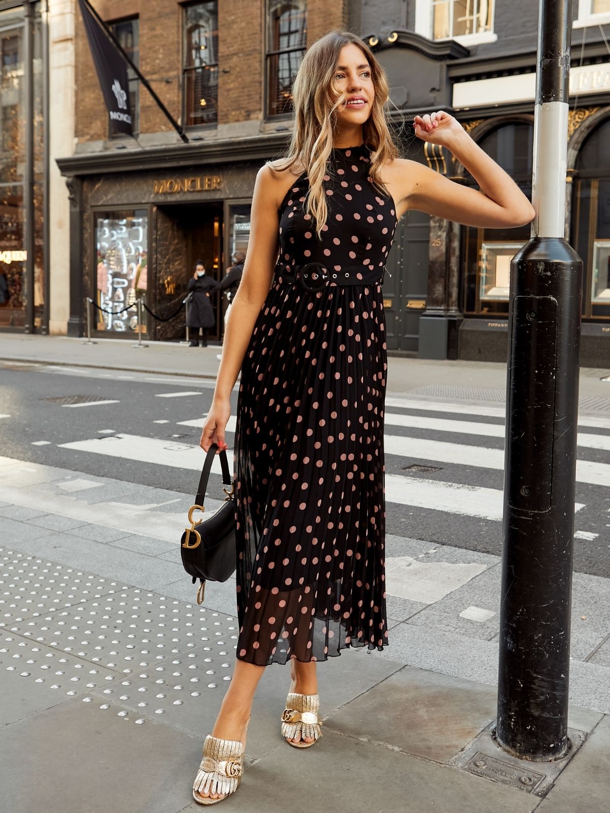 Luisa Belted Pleated Maxi Dress / Black And Blush Spot Print