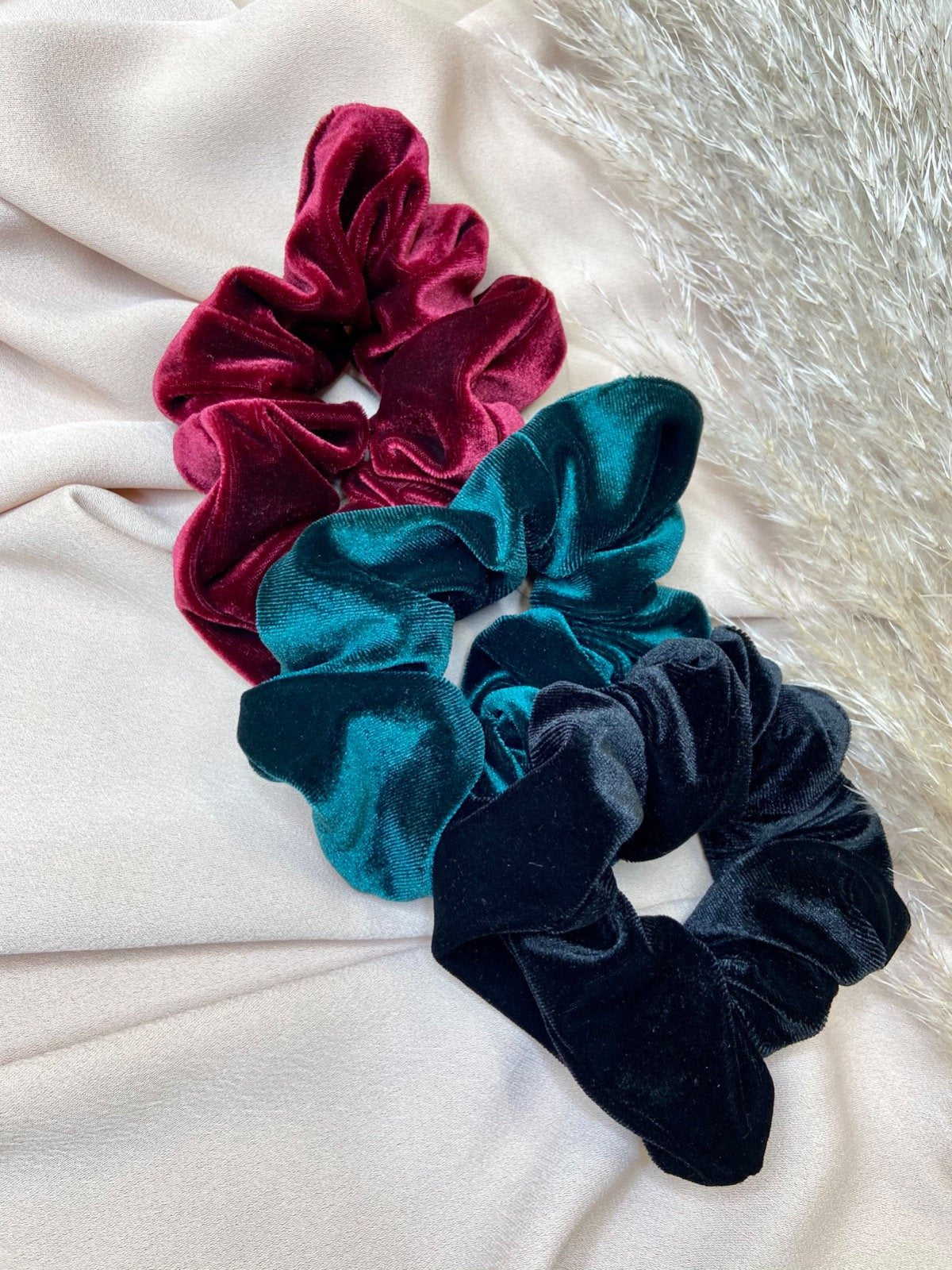 Pack Of 3 Velvet Scrunchies - Ruby, Emerald & Black