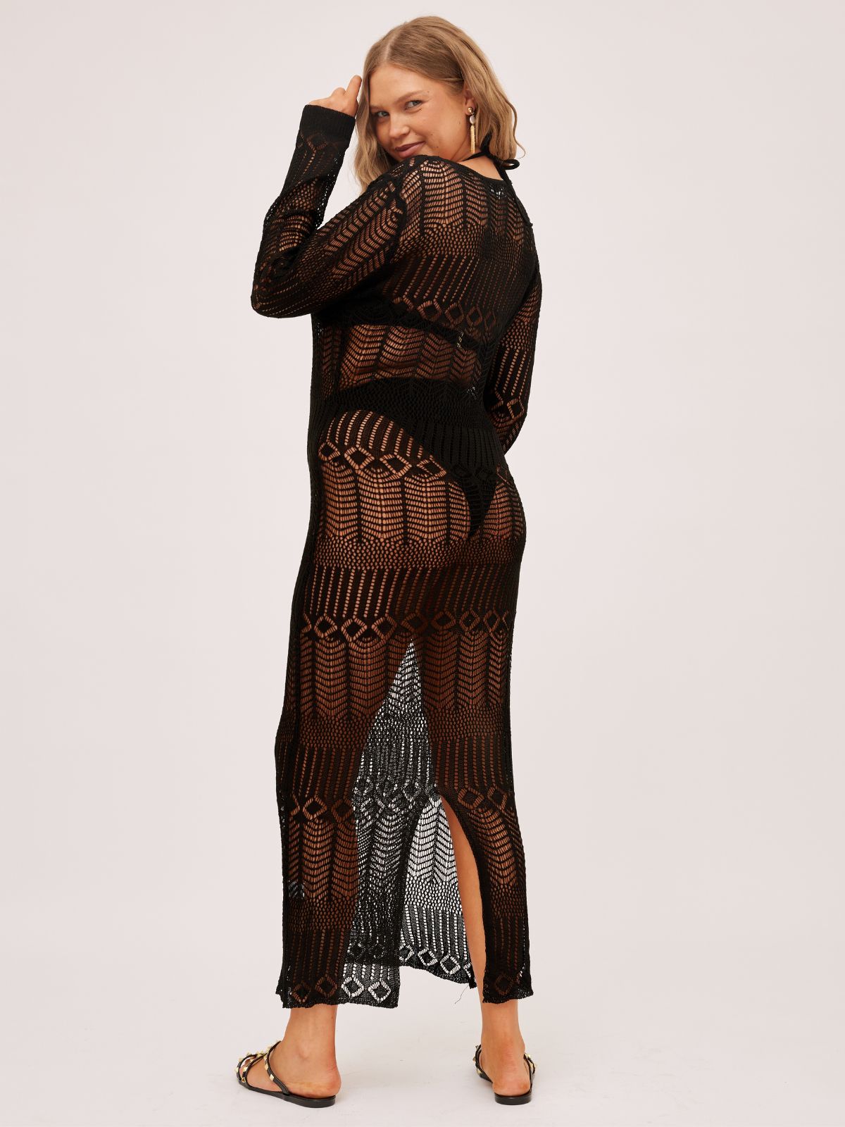 Coco Long sleeve Crochet Midaxi Dress / Black