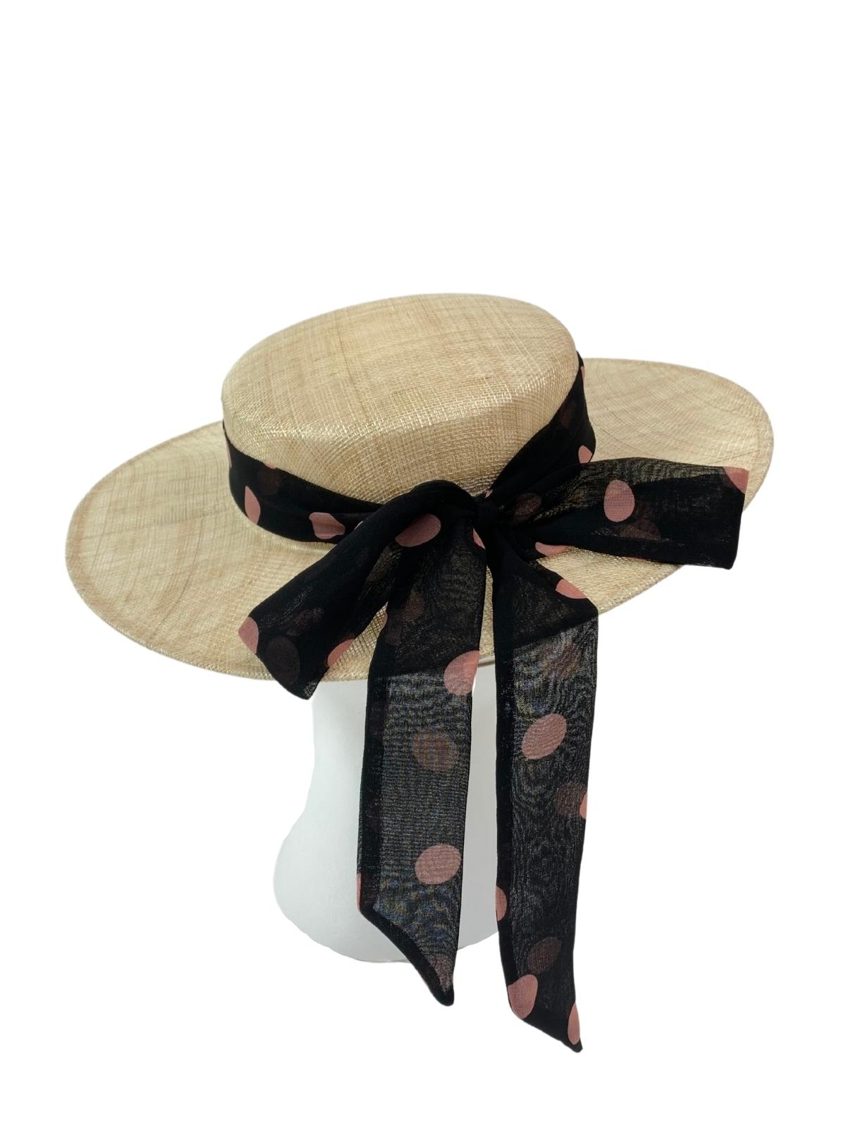 Goodwood Tie Boater Hat / Black and Blush Spot
