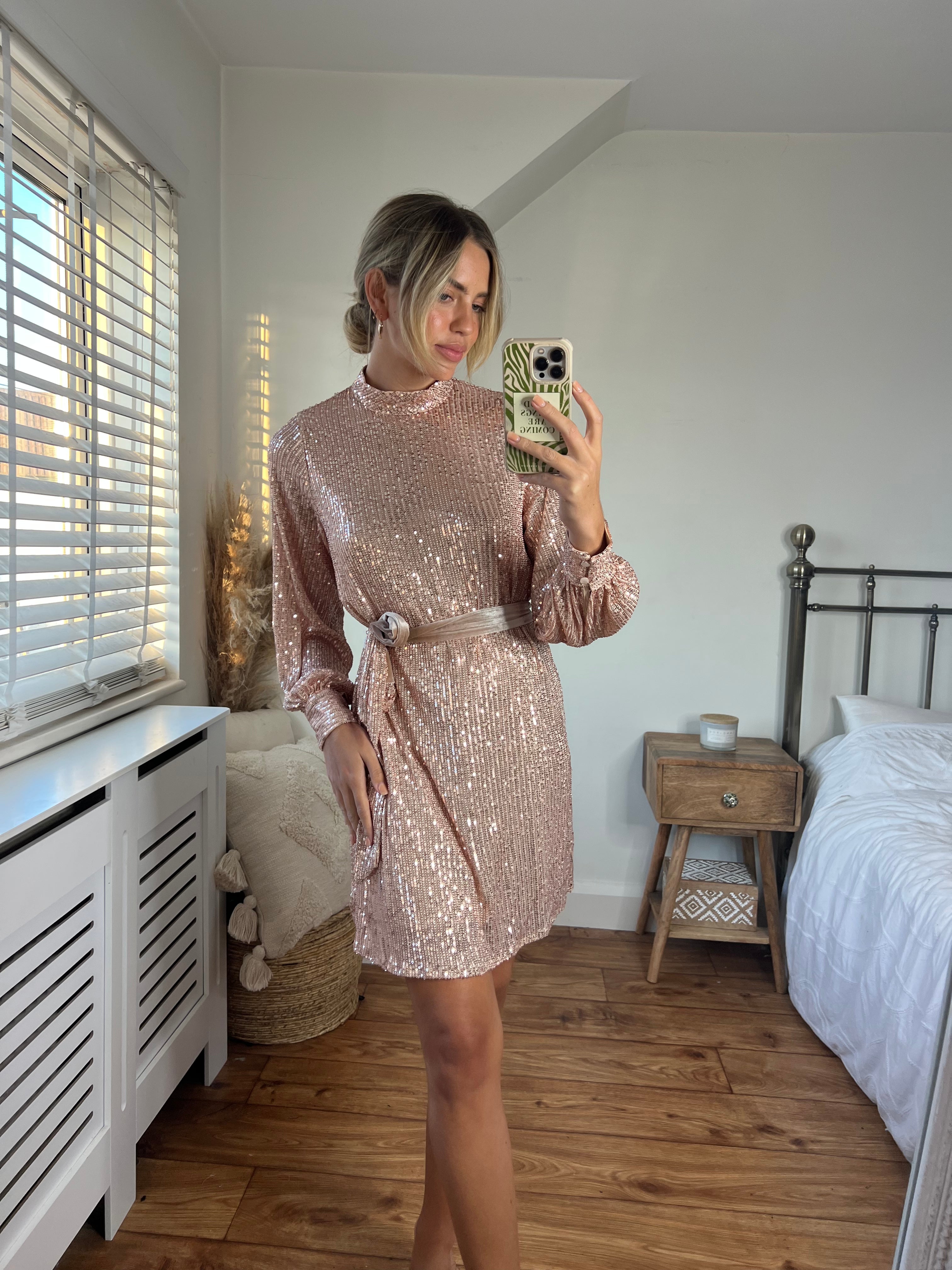 Hannah Sequin High Neck Mini Dress Rose Gold Style Cheat