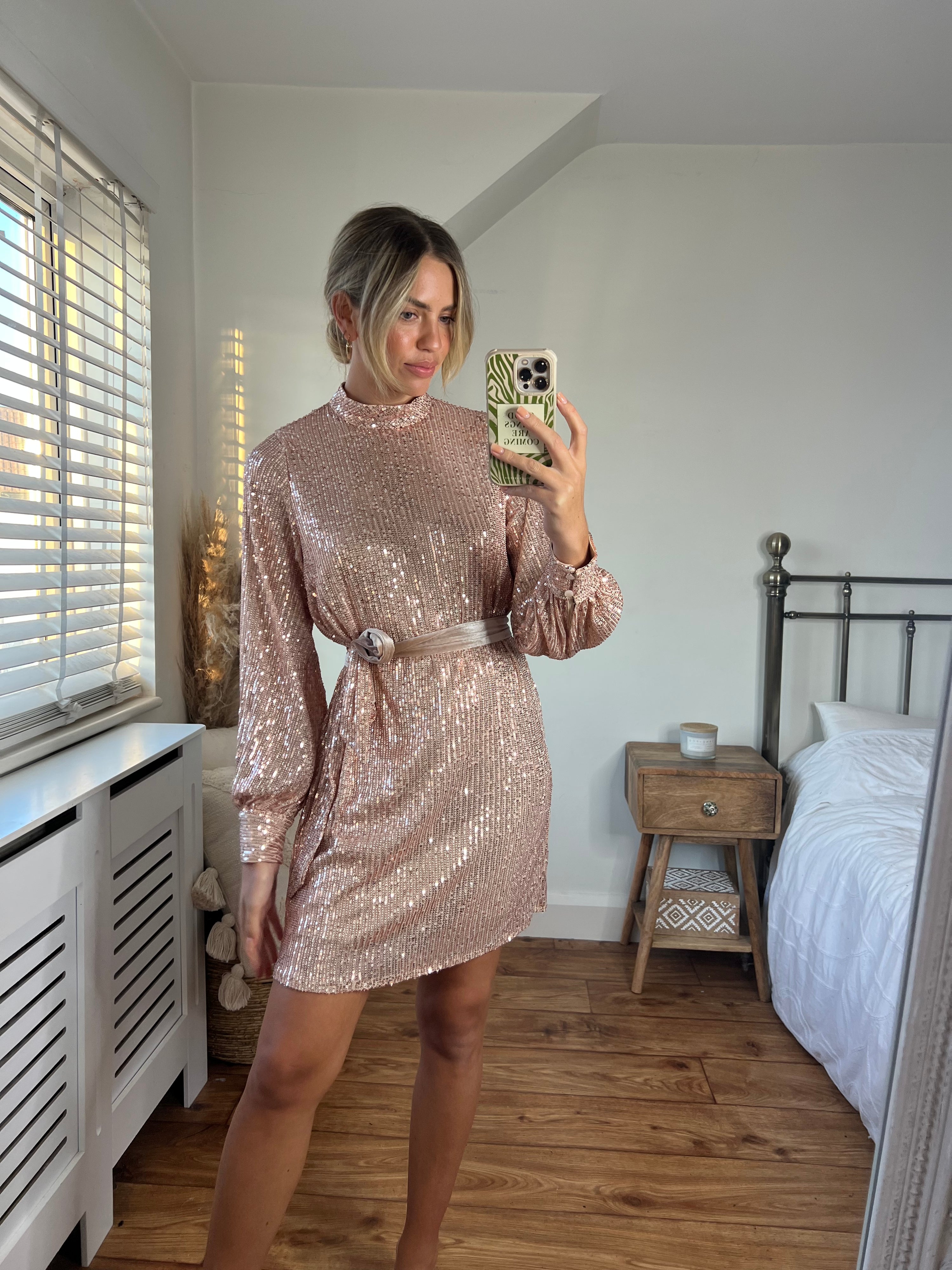 Hannah Sequin High Neck Mini Dress / Rose Gold