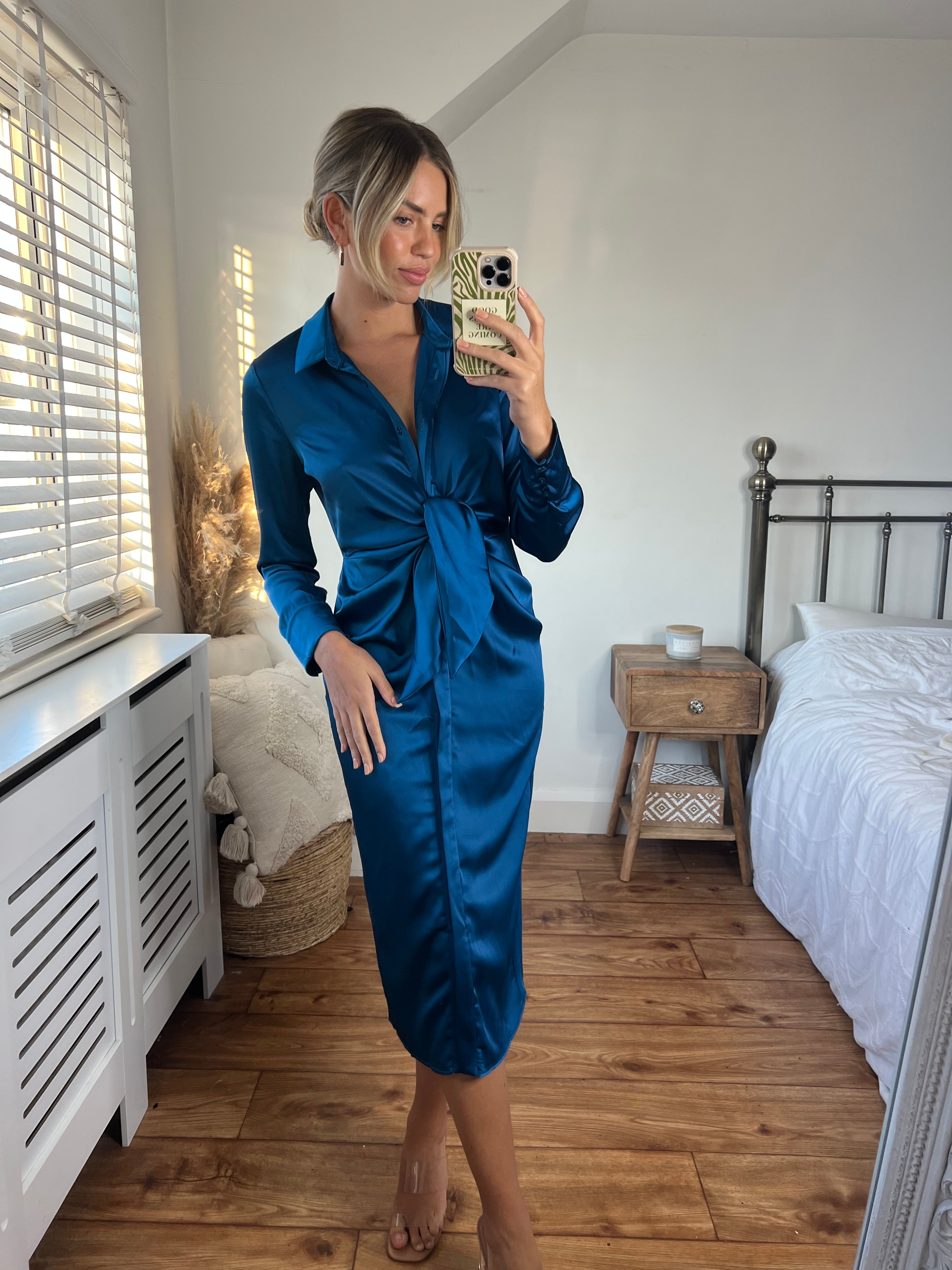 Blue Tie Front Dress | Cassie Midi Dress in Peacock Blue