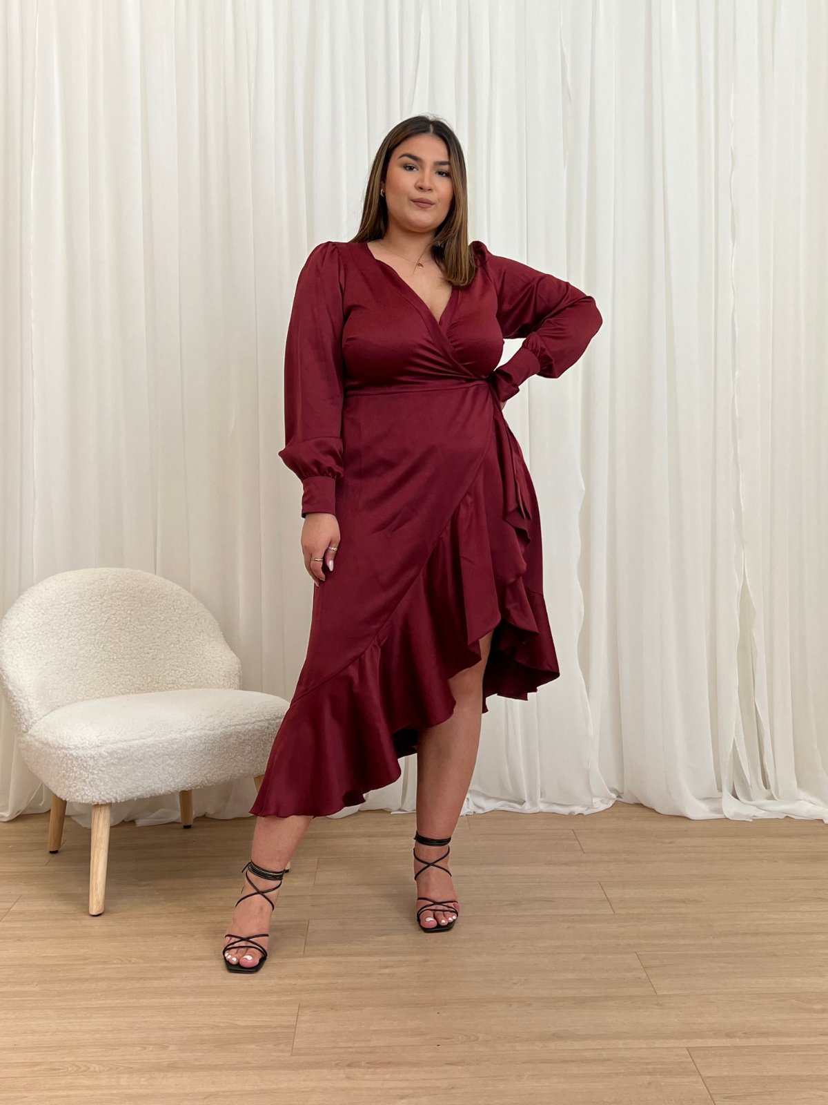 Red V Neck Satin Wrap Midi Dress Style Cheat
