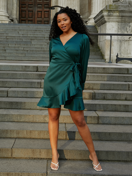Green wrap satin dress hot sale