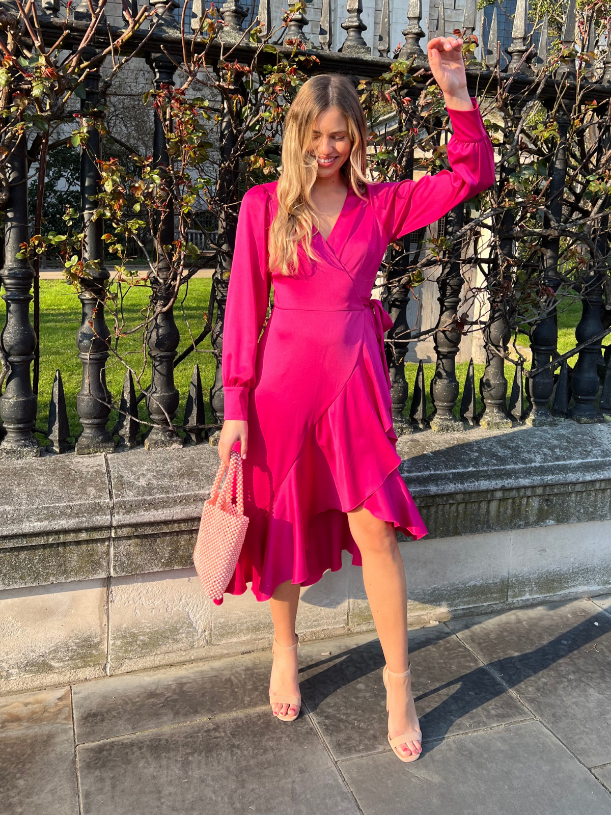 Pink wrap dress midi hotsell