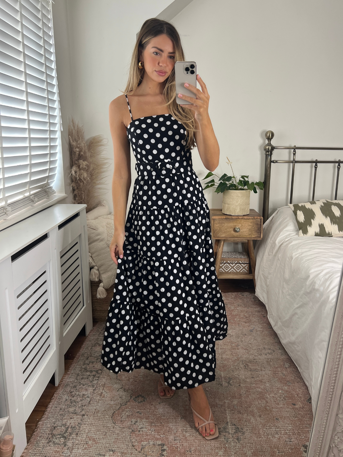 Spotted Dress in Black and White | Tillie Bandeau Belted Midi Dress