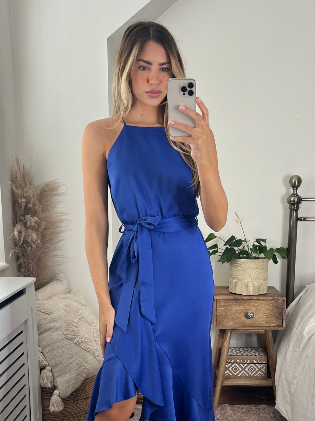 Cobalt Blue Halter Dress | Ariana Satin Halter Frill Dress – Style Cheat