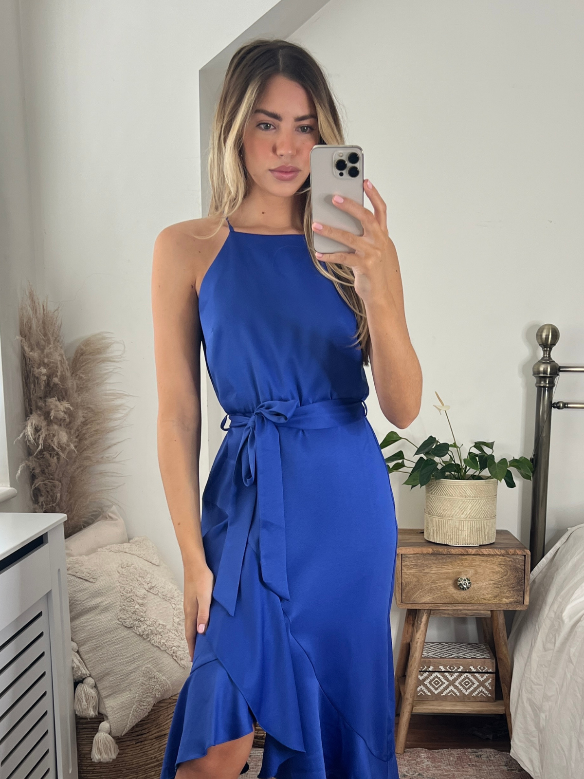 Cobalt blue halter neck dress sale