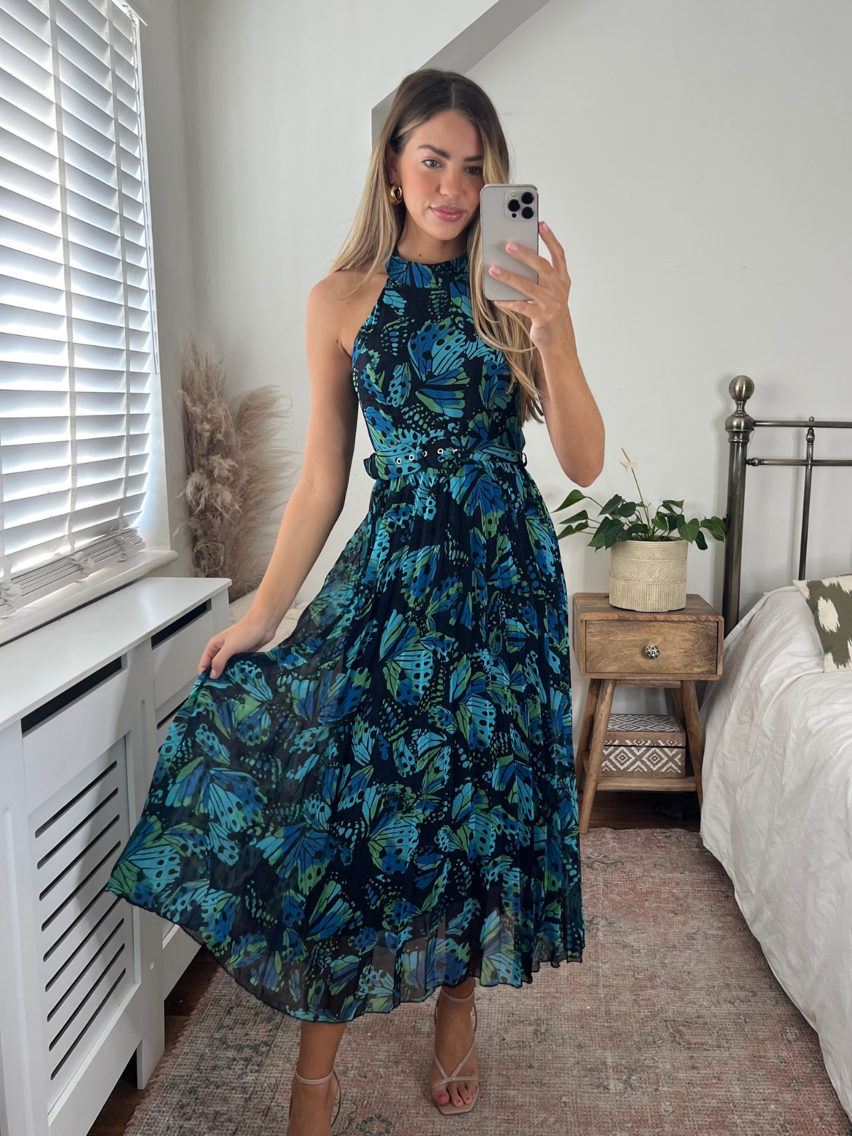 Luisa Belted Pleated Maxi Dress / Blue Butterfly Print