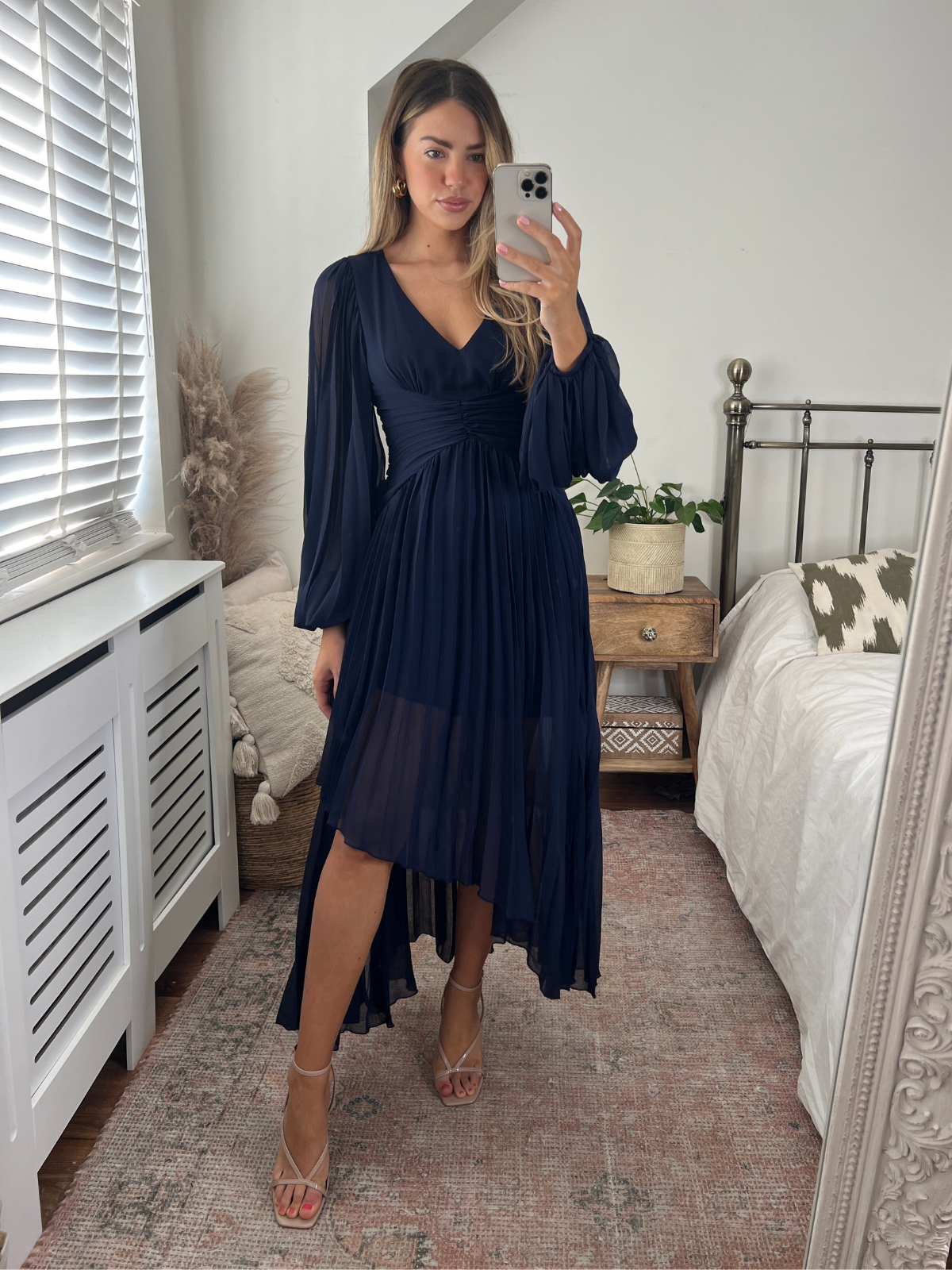 Navy asymmetric neck sales pleated wrap midi dress