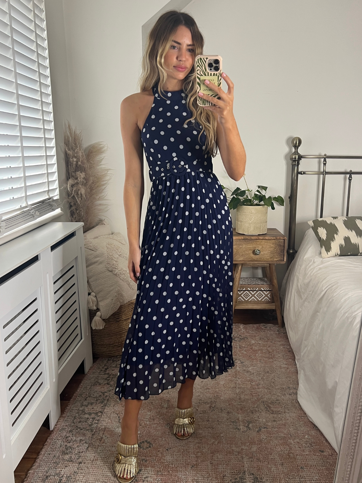 Luisa Belted Pleated Maxi Dress / Navy And White Spot Print