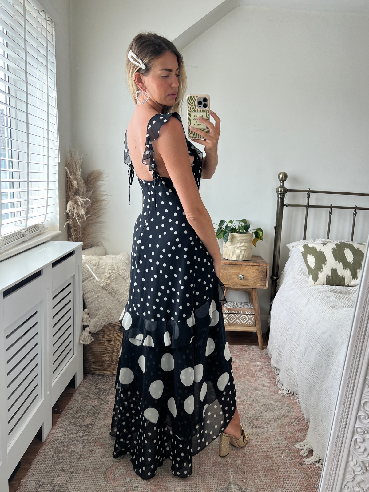 Black satin spot ruffle midi dress deals