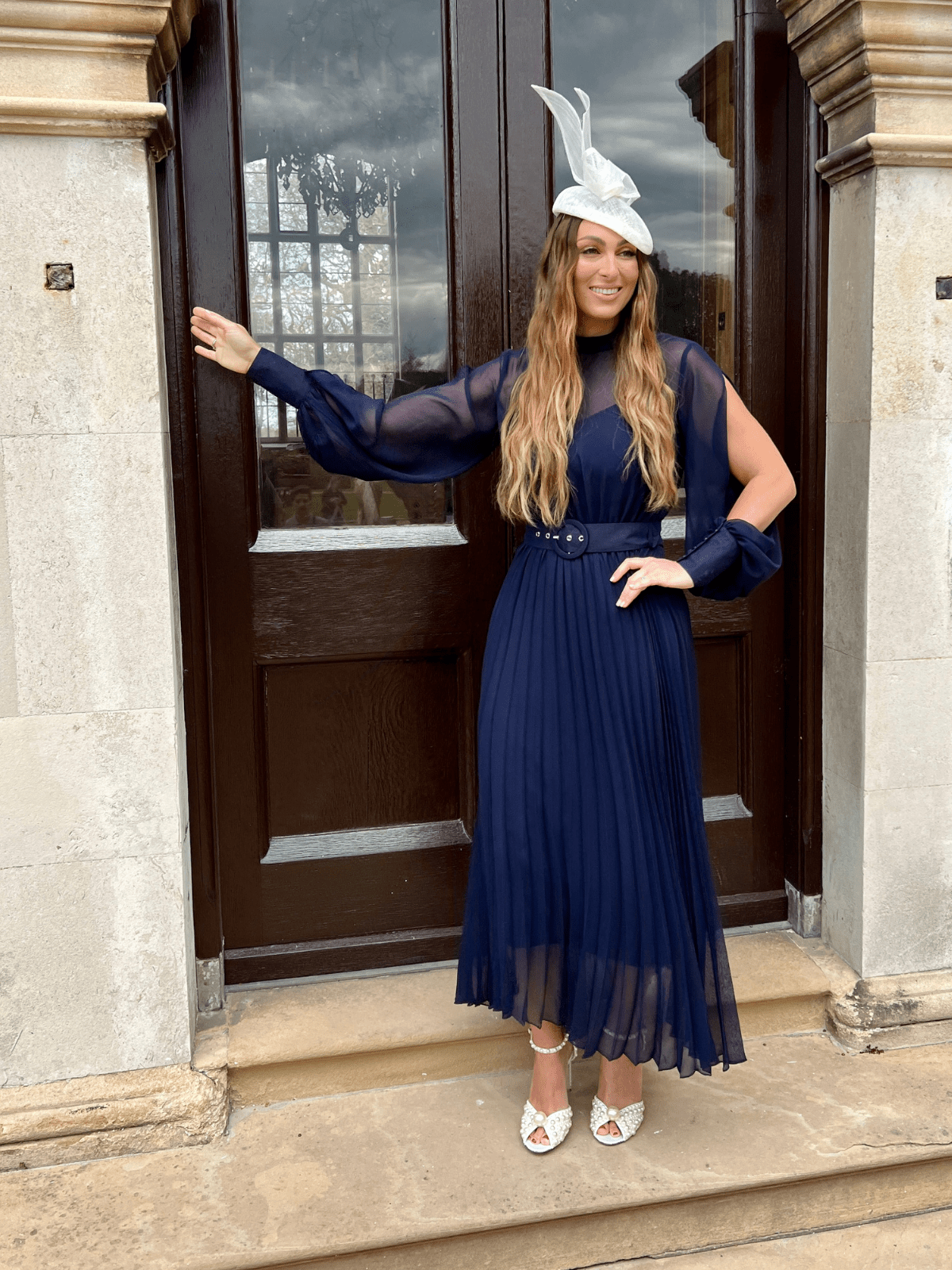 high neck pleated dress Pleated High Neck Blouson Midi Dress - Lapis Blue