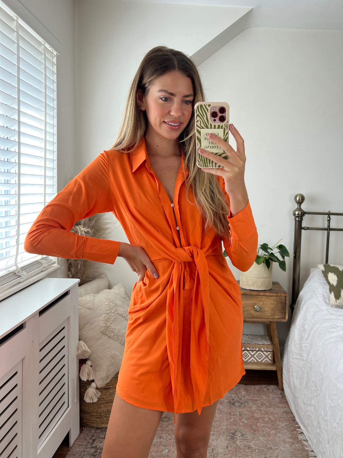 Orange Shirt Dress with Tie Front