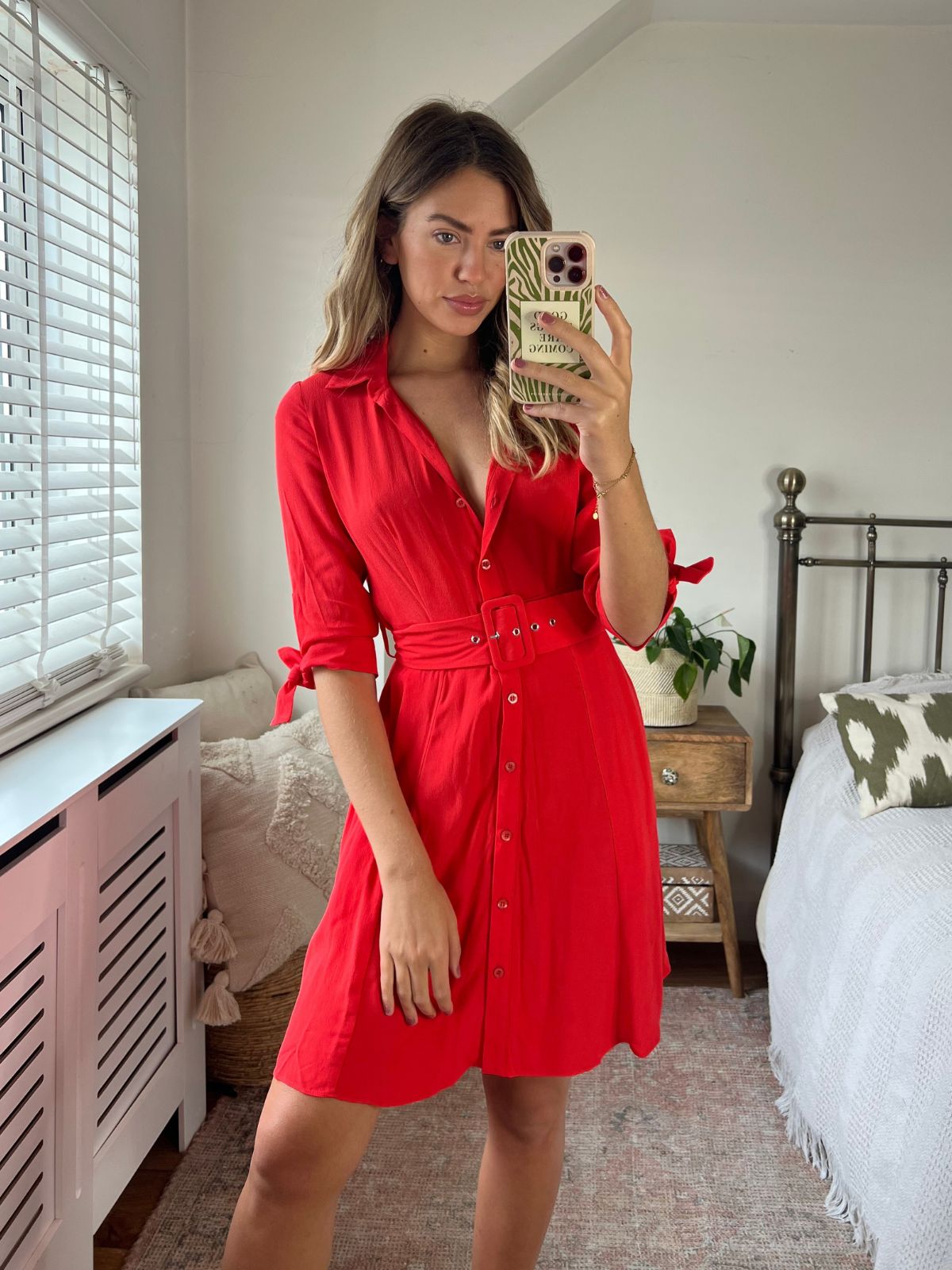 Olivia Mini Belted Shirt Dress / Red