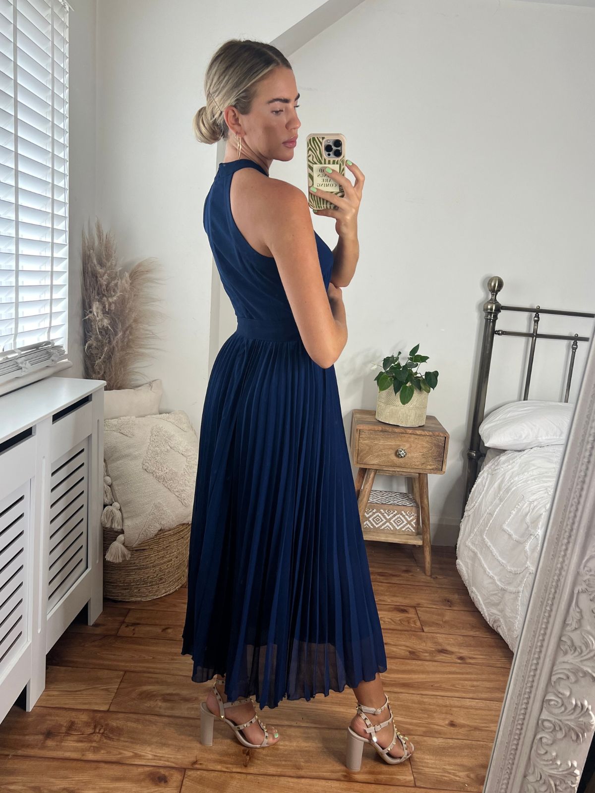 Navy Halter Pleated Belted Dress