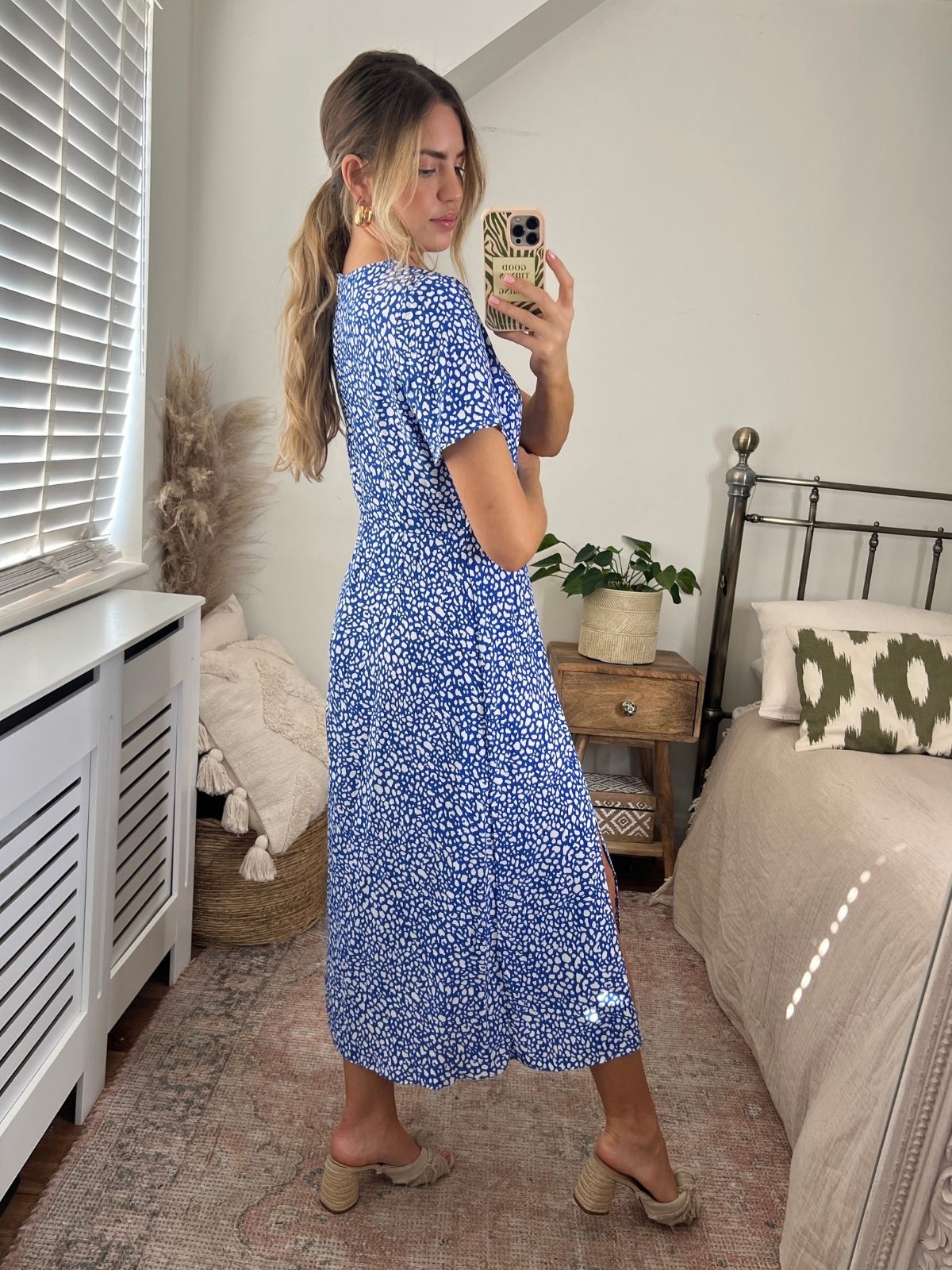 Blue Spot V Neck Midi Dress – Style Cheat