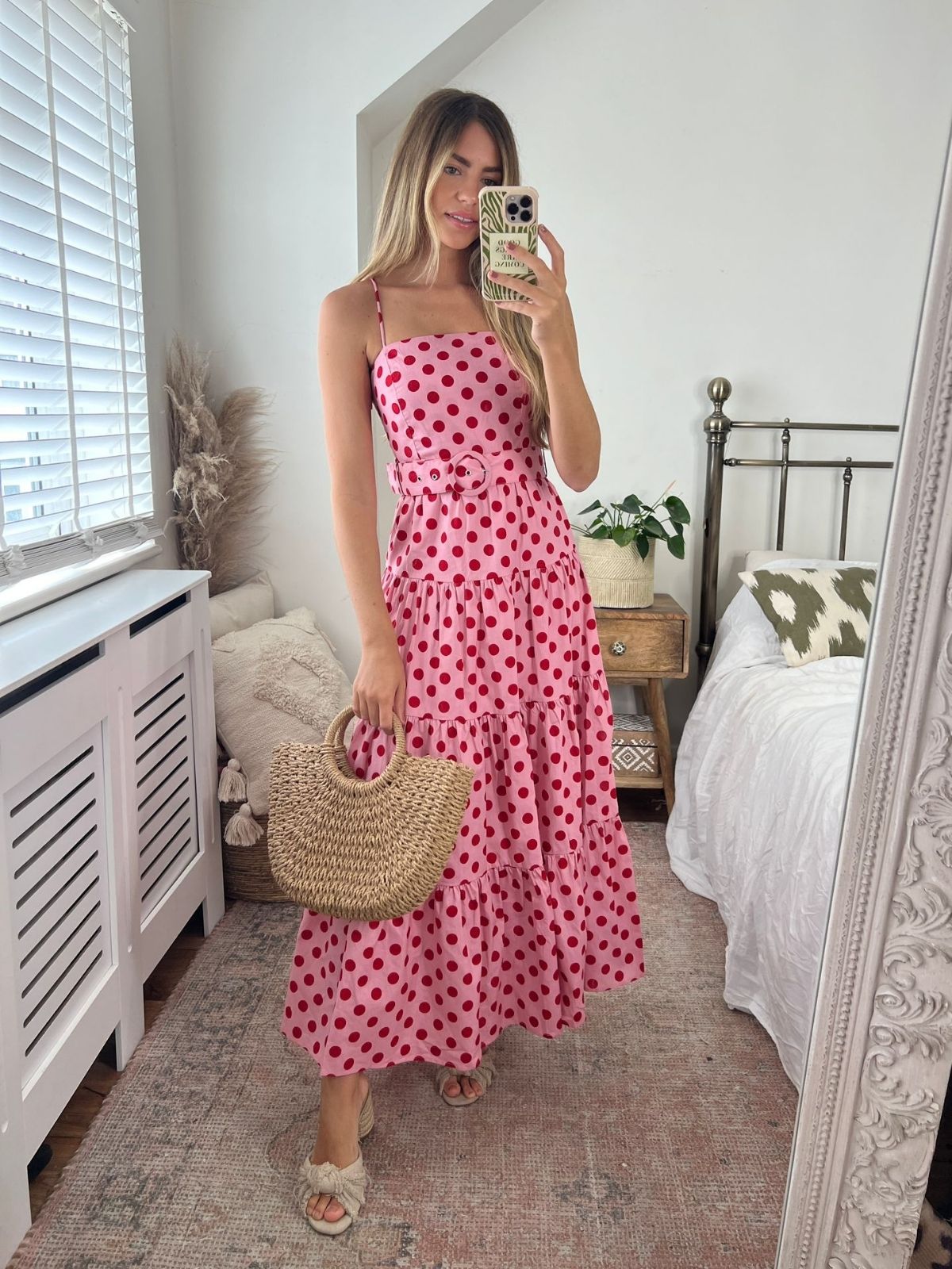 Tillie Bandeau Belted Midi Dress / Pink And Red Spot